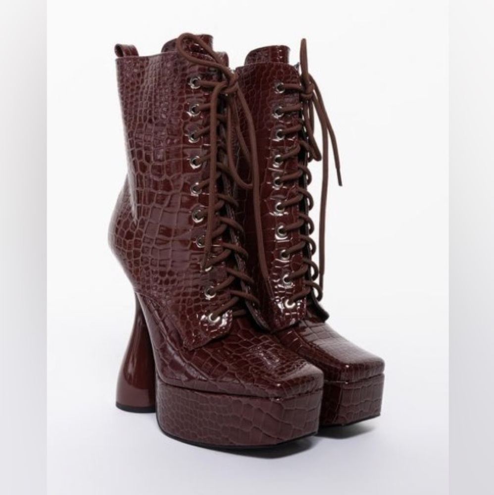 Azalea Wang Chocolate Brown Croc Patent Leather Platform Boot - Picture 2 of 5
